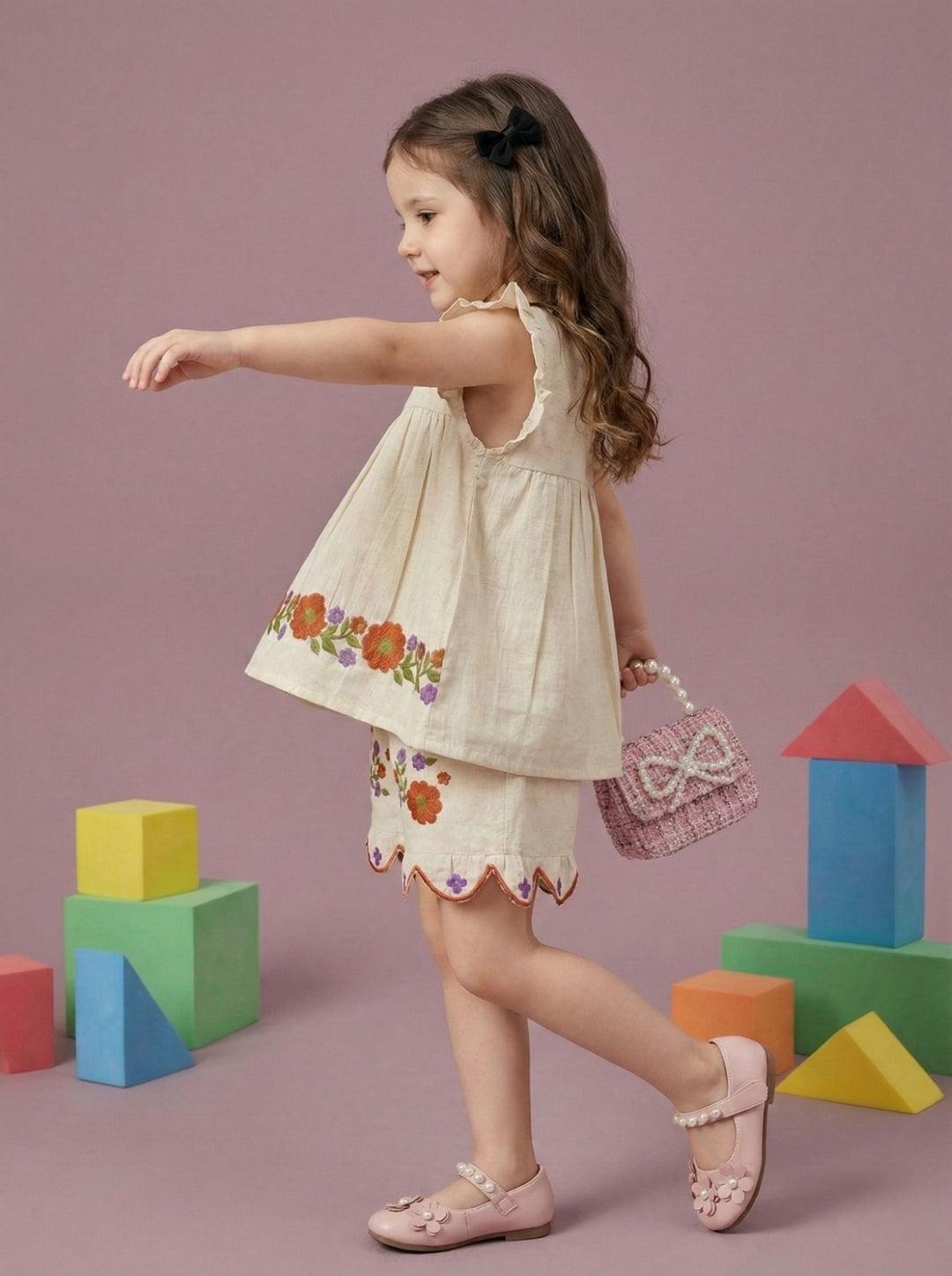 Joy peony embroidery cotton kids co-ord set