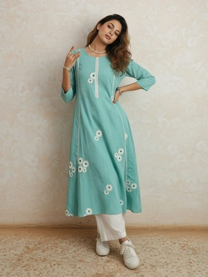 Swades softblue embroidery cotton kurta pant set