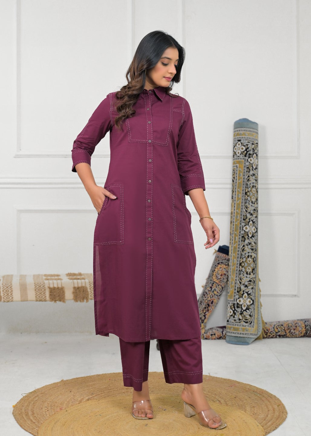 Ridhika Berry Cotton Kurta Pant Set