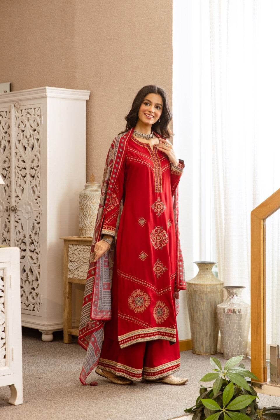 Karen Crimson Embroidery Cotton Suit set