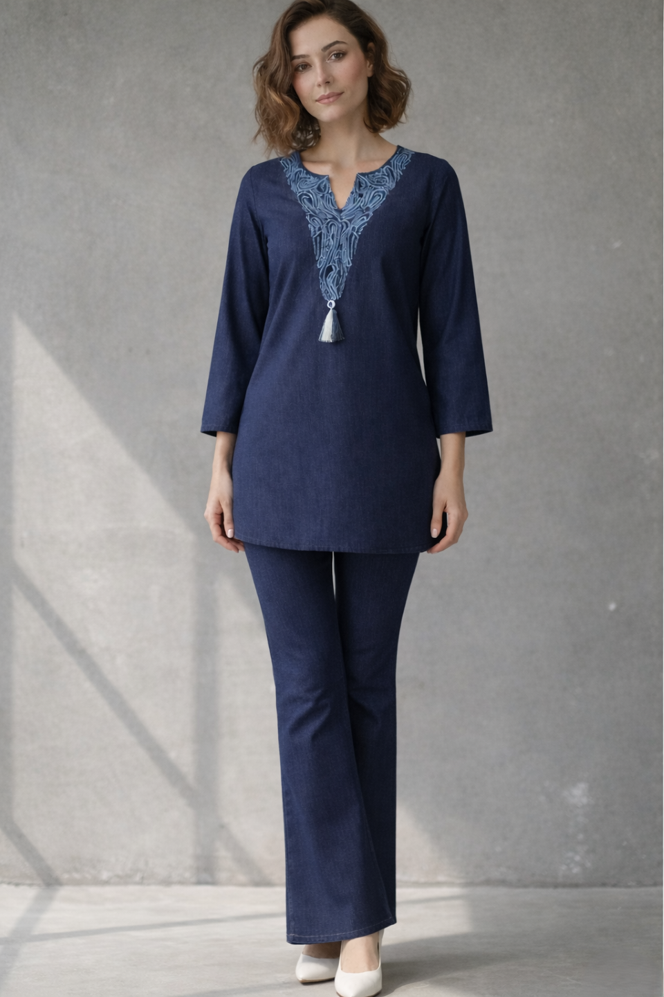 Prisha lapis denim embroidery co-ord set