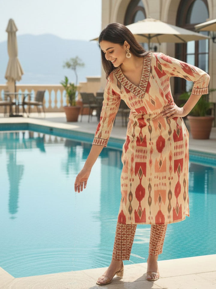 SASHA CORAL PRINTED KURTA PANT SET