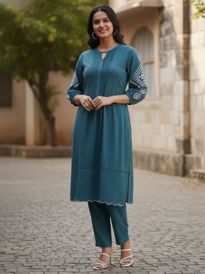 TUSHKI TEAL COTTON COMFY KURTA PANT SET