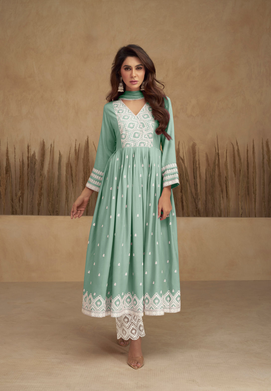Charvi Pine Green Embroidered Suit Set