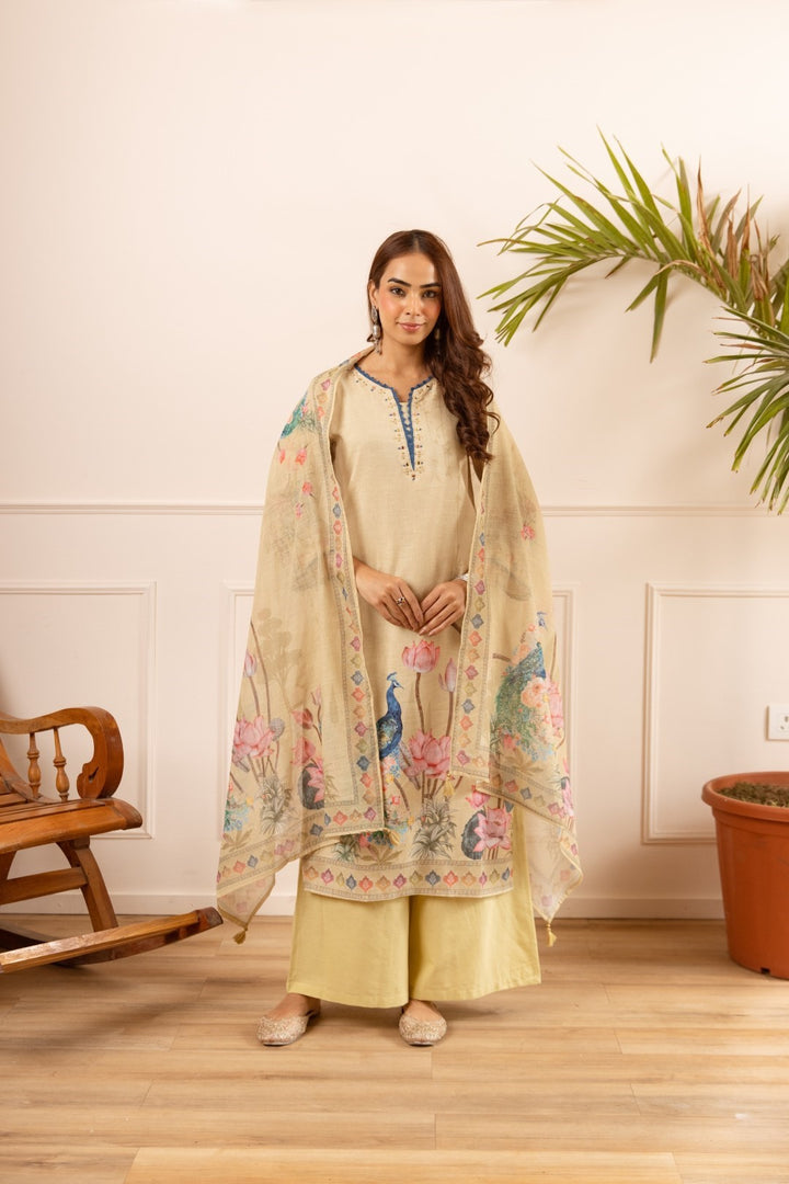 Mihika tan printed cotton suit set