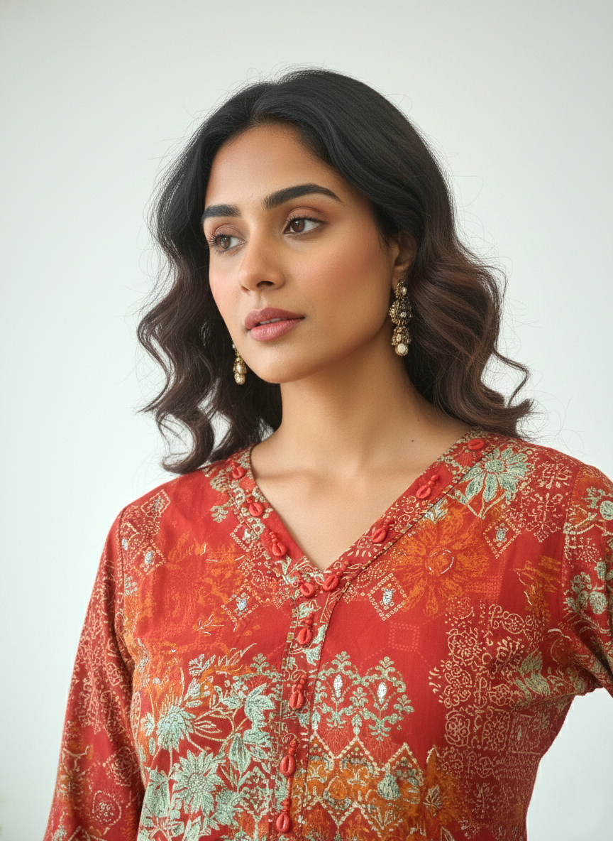 Reet Carmine Printed Work Suit Set