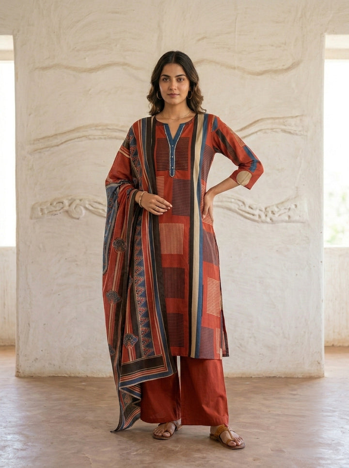 Swades garnet cotton printed suit set
