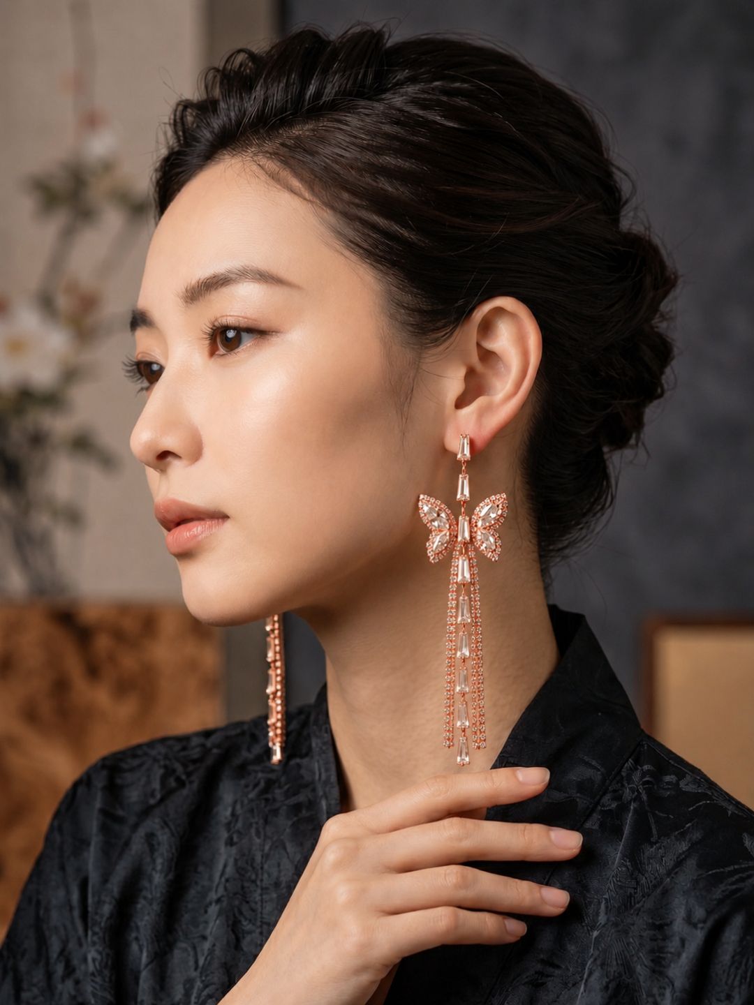 Crystal Butterfly Tassel Earrings
