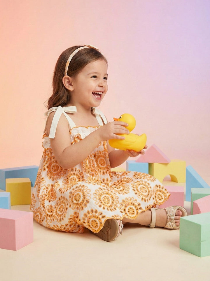 Joy coral schiffli cotton kids dress