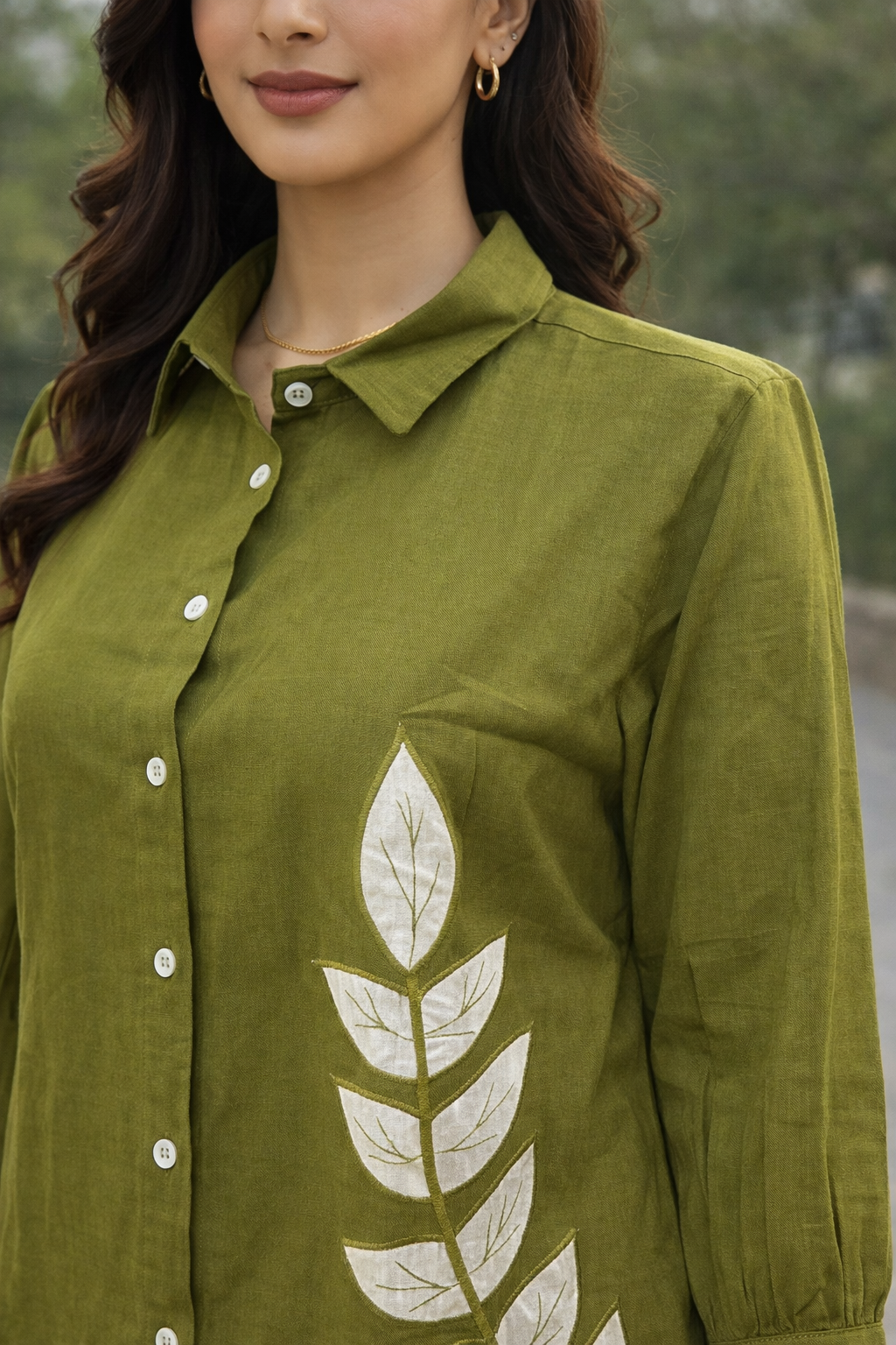 Anvika Olive Cotton Applique Shirt