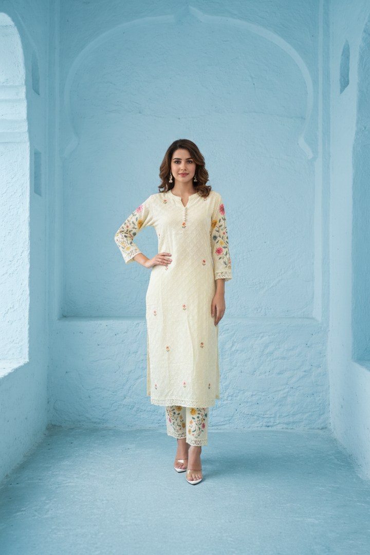 Kirti Mist Cotton Embroidered Suit Set