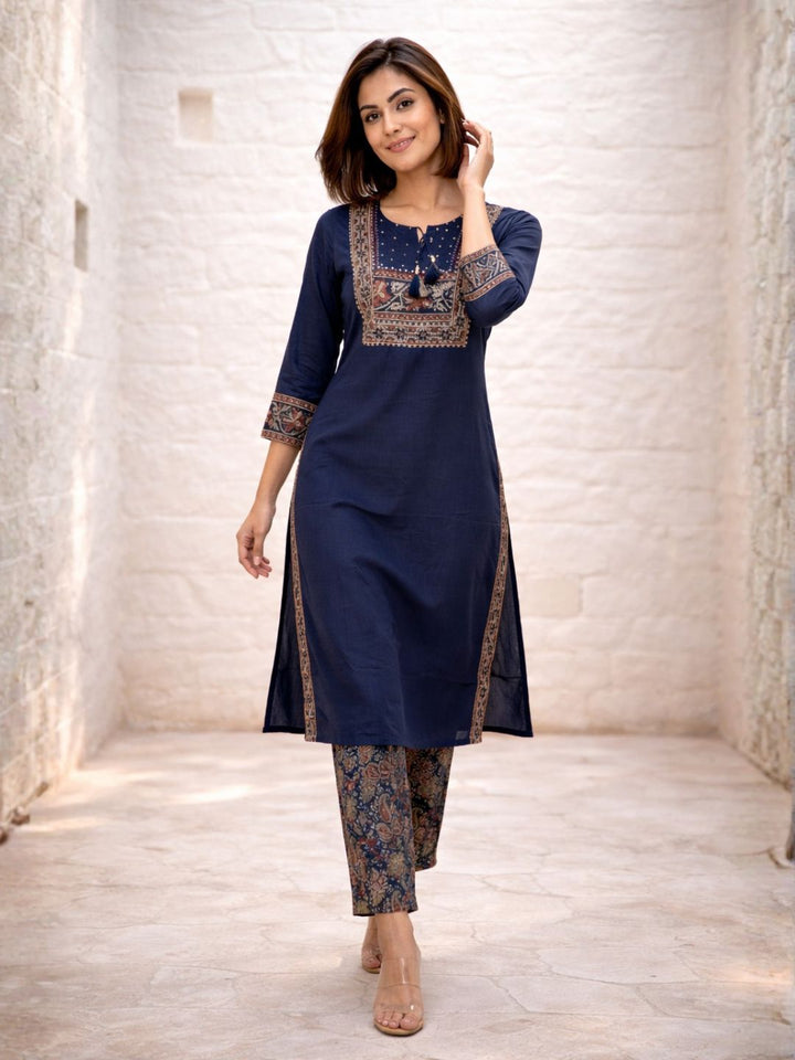 Vairagi Indi Printed Work Cotton Kurta Pant Set