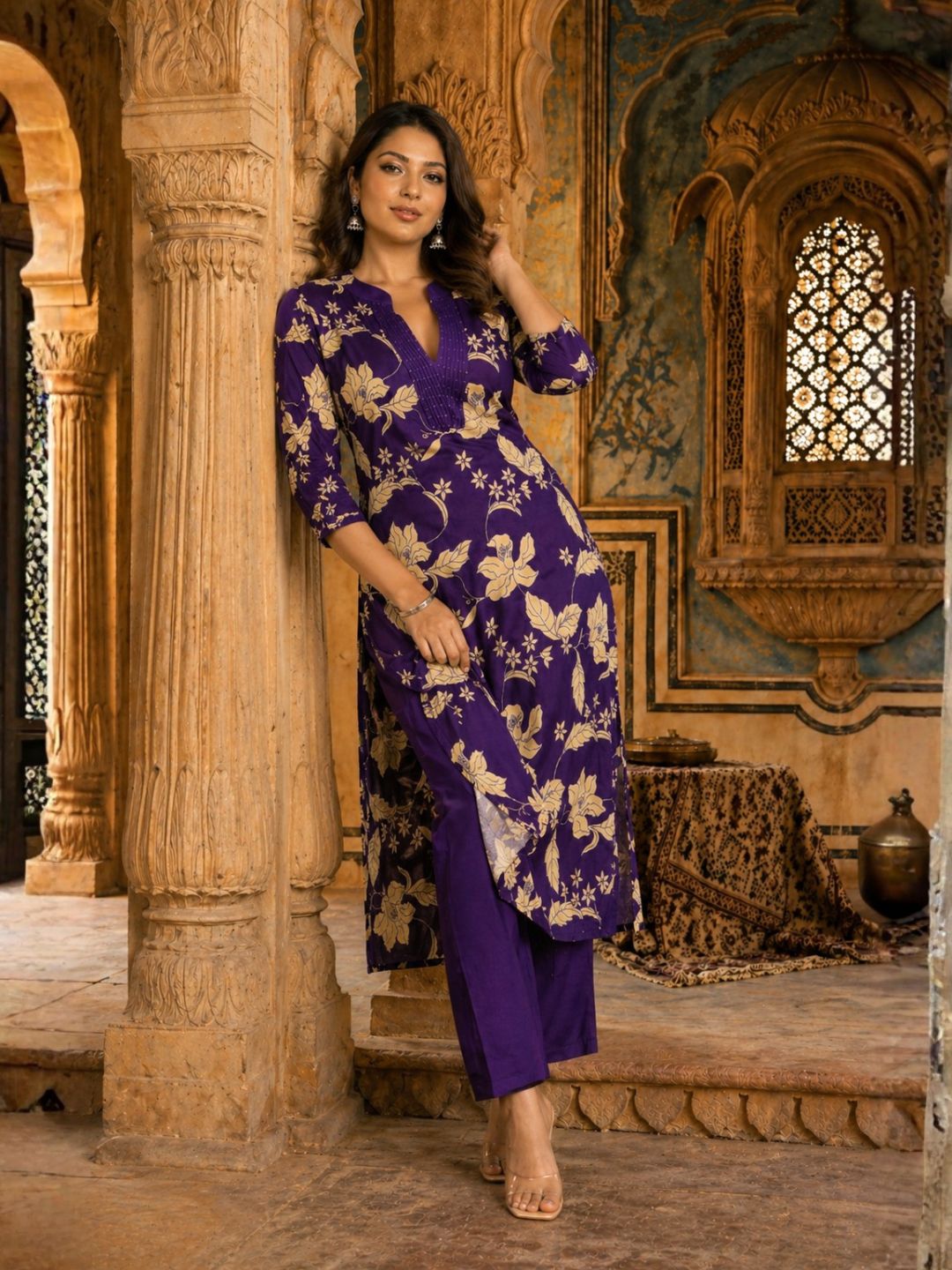SASHA ORCHID PRINTED COTTON KURTA PANT SET