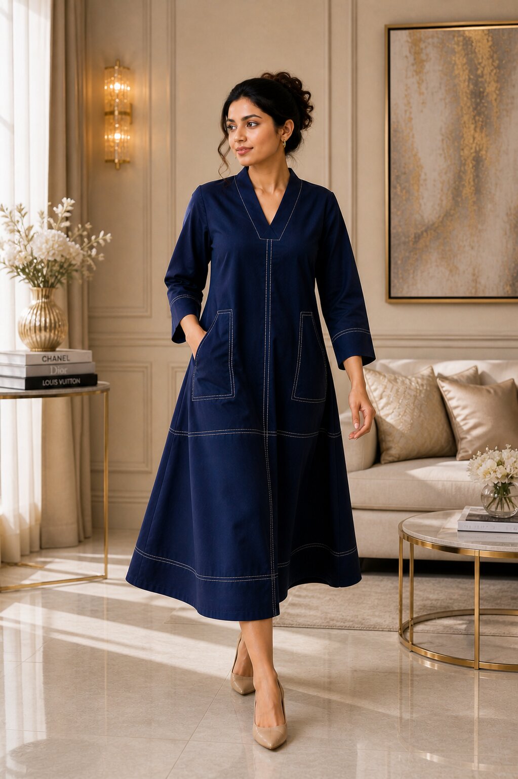 Akshara navy cotton midi dress