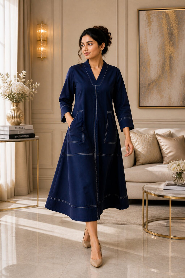 Akshara navy cotton midi dress