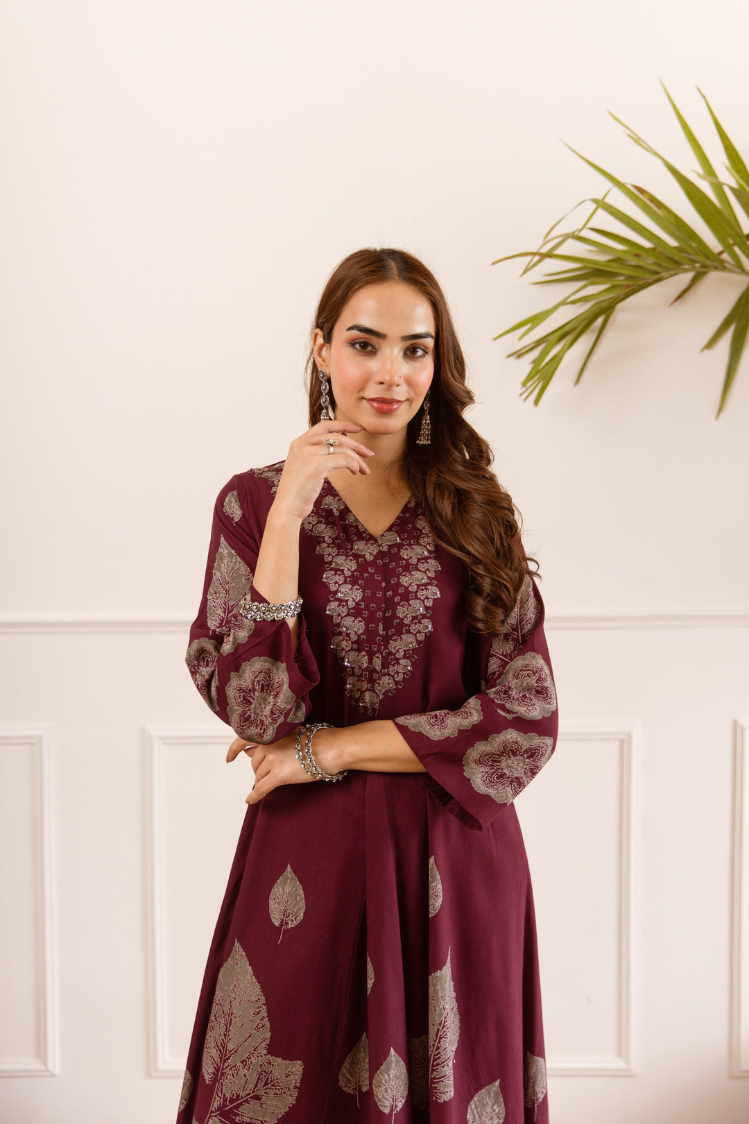 Karen berry wine printed cotton kurta pant set