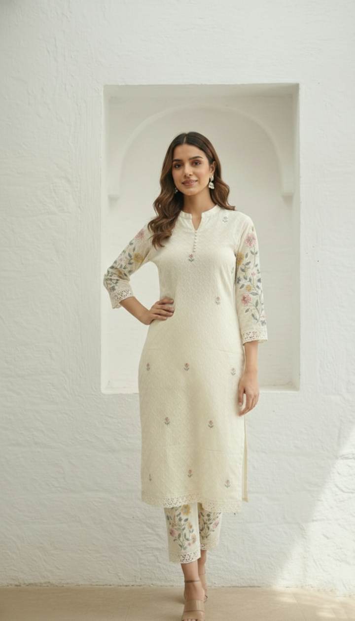 Kirti Mist Cotton Embroidered Suit Set