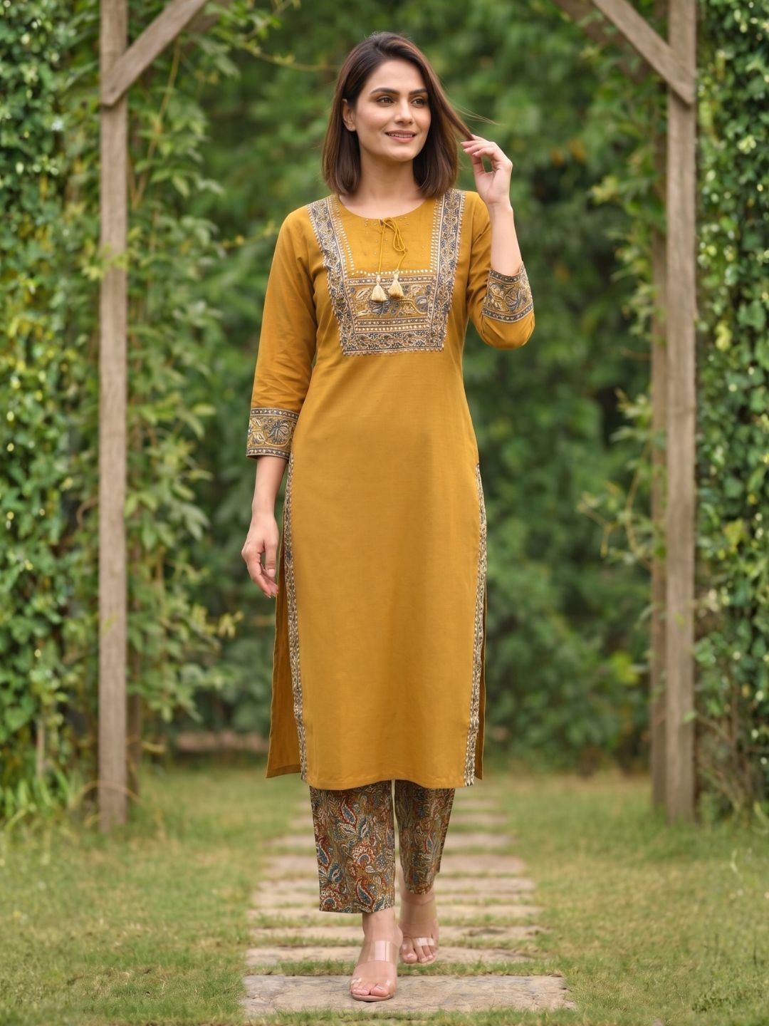 Vairagi Gold Printed Work Cotton Kurta Pant Set