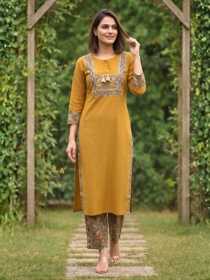 Vairagi Gold Printed Work Cotton Kurta Pant Set