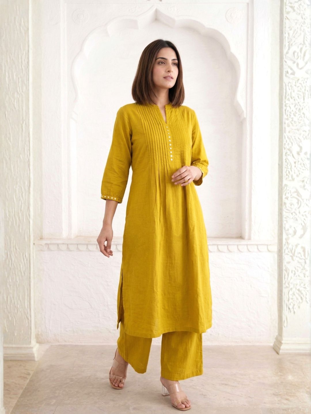 Sarika Gold Cotton Work Kurta Pant Set