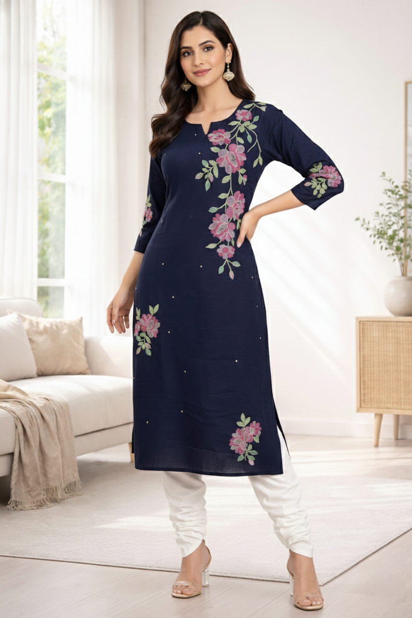 Sarvari Navy Embroidered Kurti