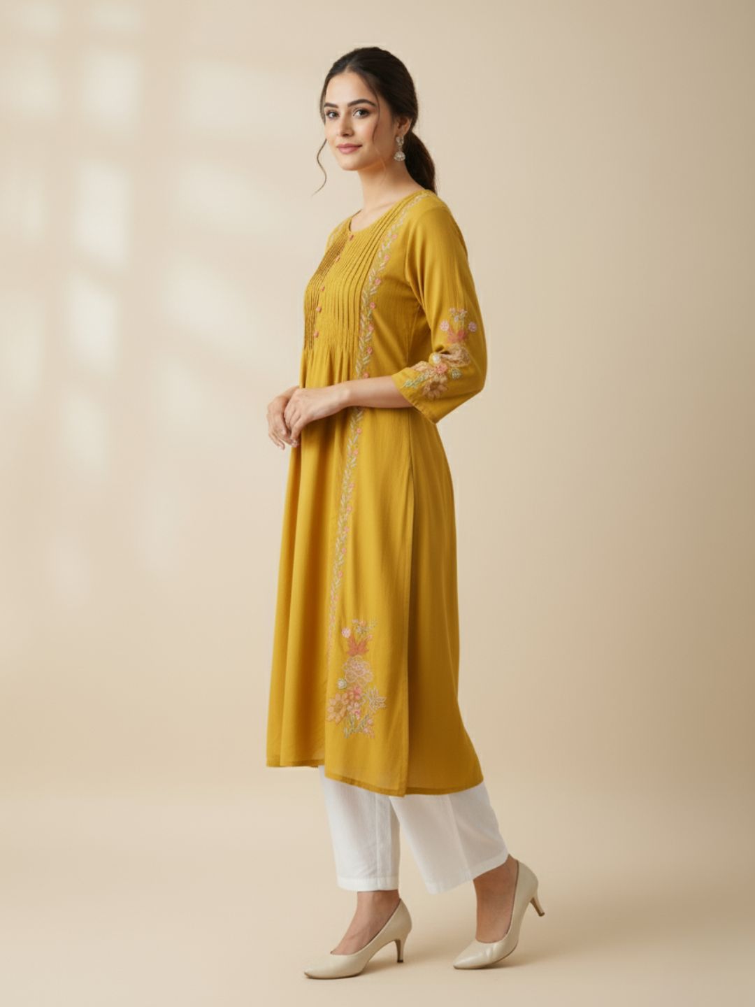 Sarvari Mustard Embroidered Kurti