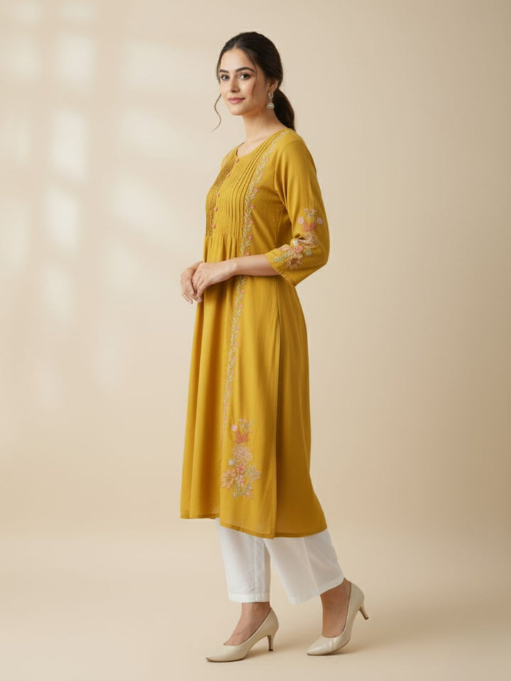 Sarvari Mustard Embroidered Kurti