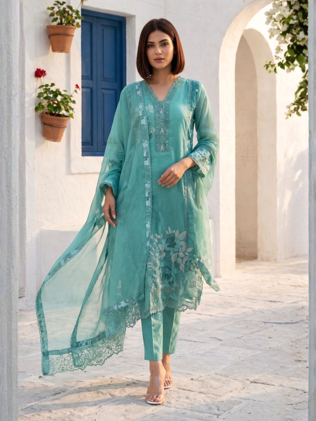 Mahi Sea Lace Work Suit Set