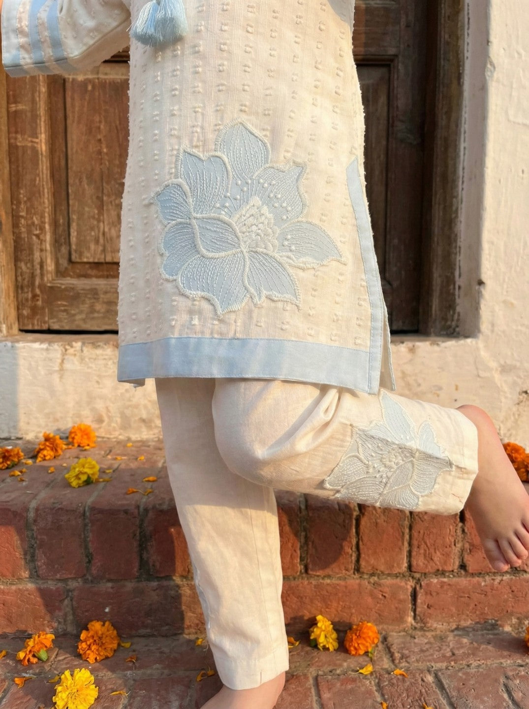 Joy pearl embroidery kids kurta pant set