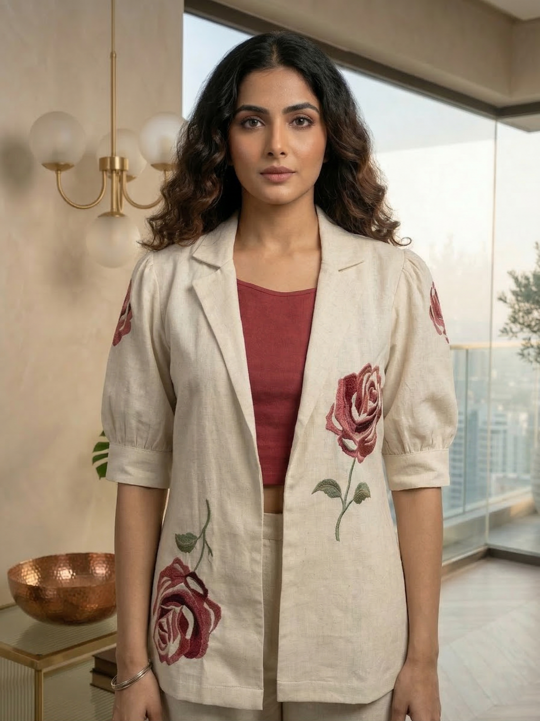 Drona pearl embroidery cotton 3 pc co-ord set