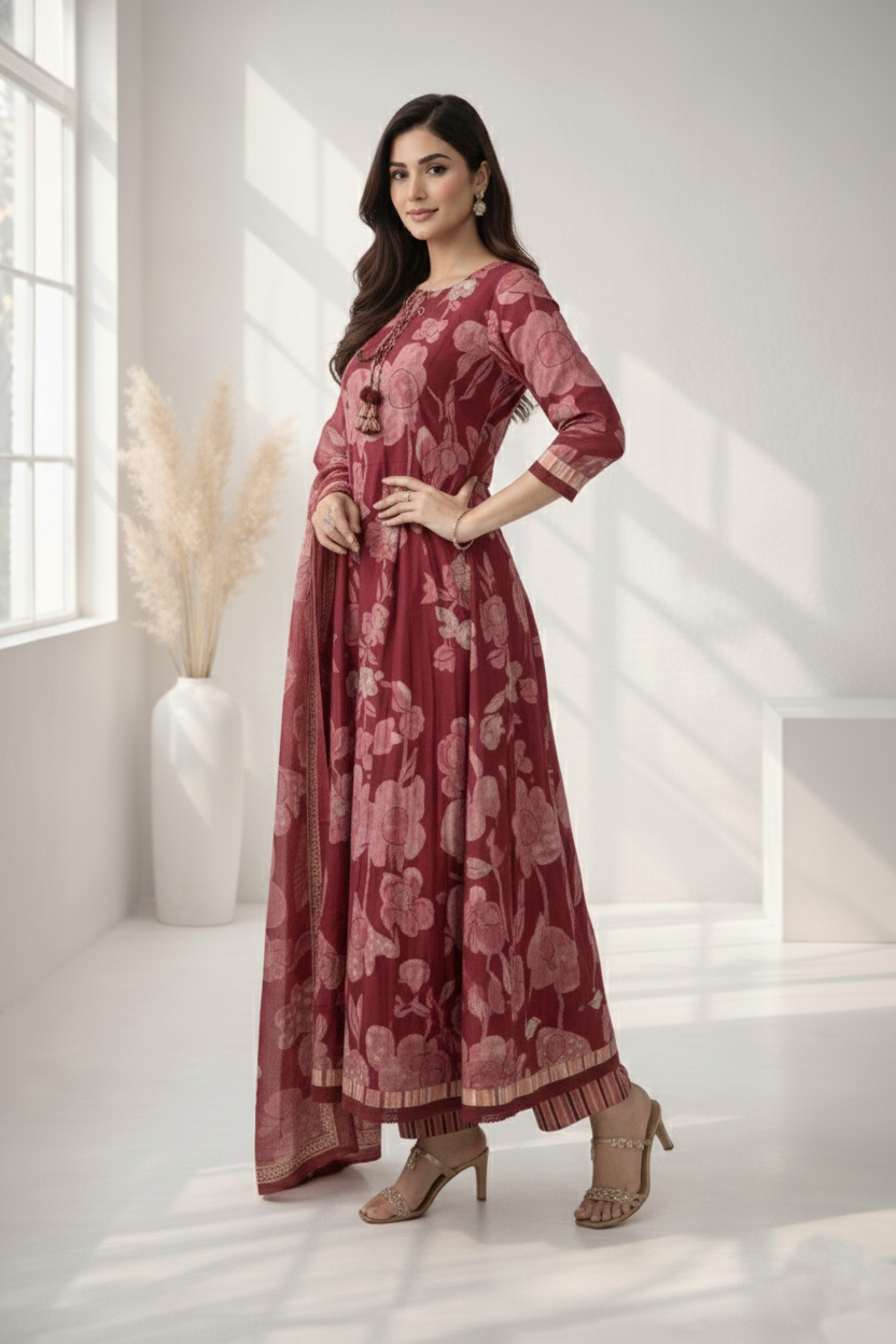 Ridhika Merlot Printed Cotton Suit Set