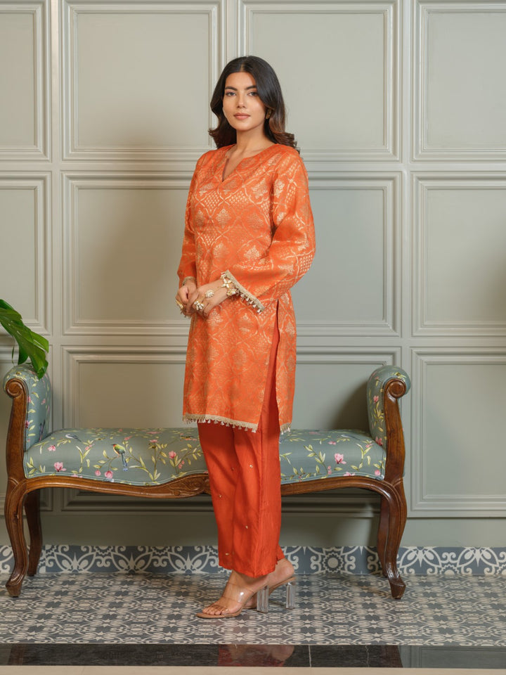 Palash Tangerine Jacquard Top Co-ord Set