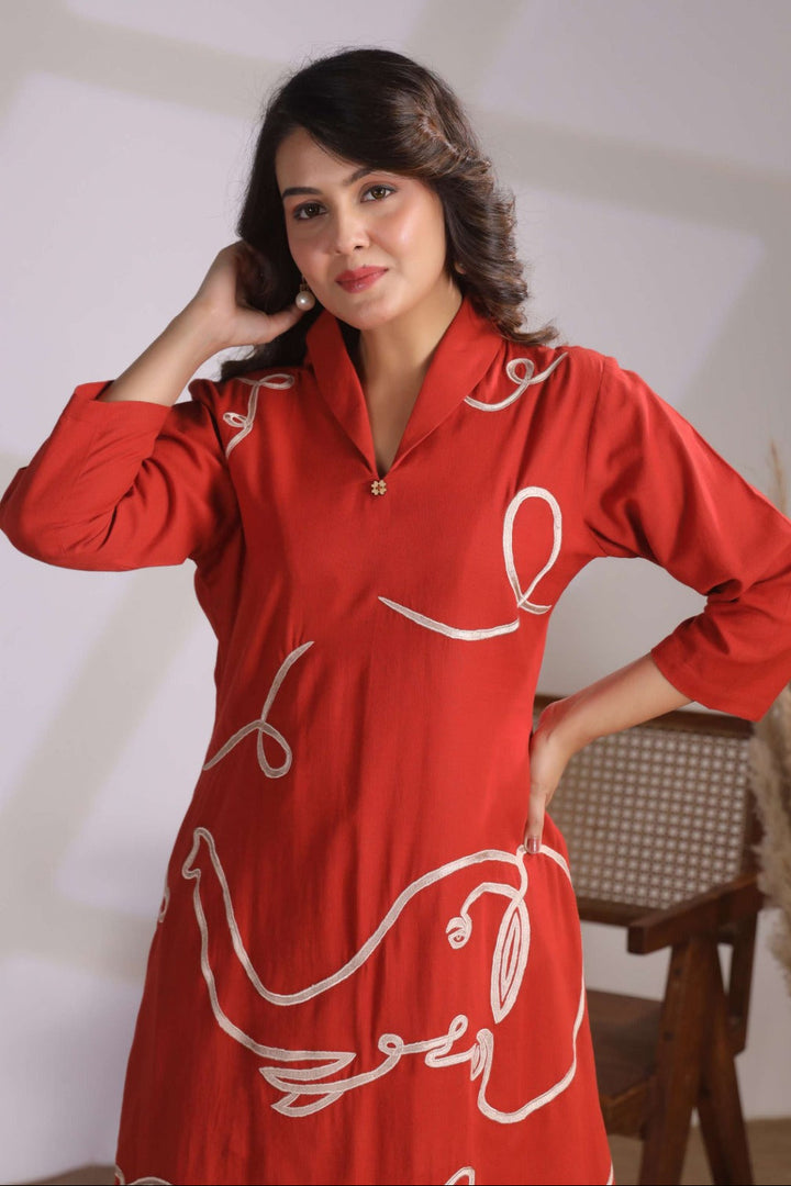 Chhavi Coral Embroidered Kurta Pant Set