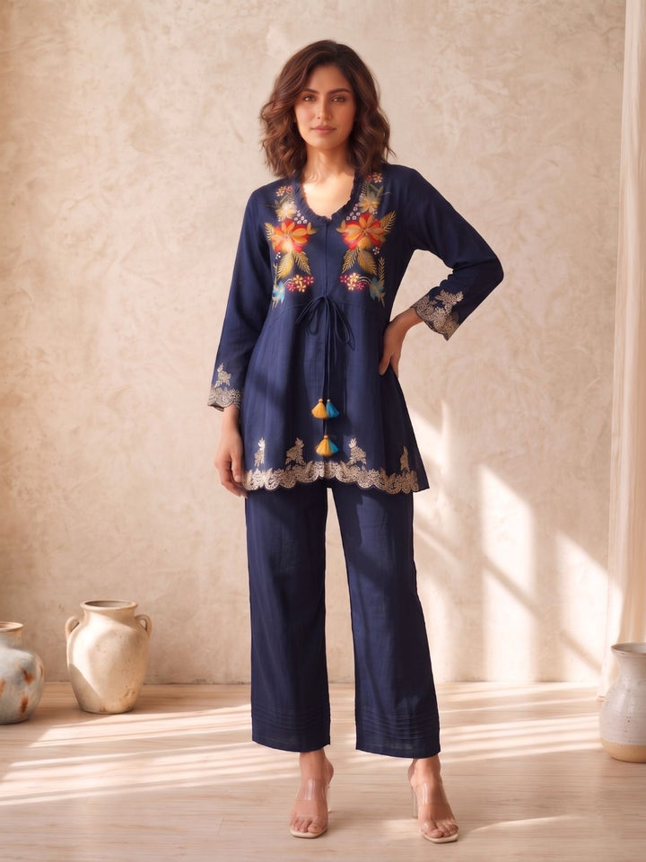 Gaur navy embroidery premium co-ord set