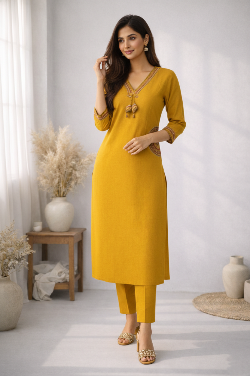 Rushali Mustard Embroidered Kurta Pant Set
