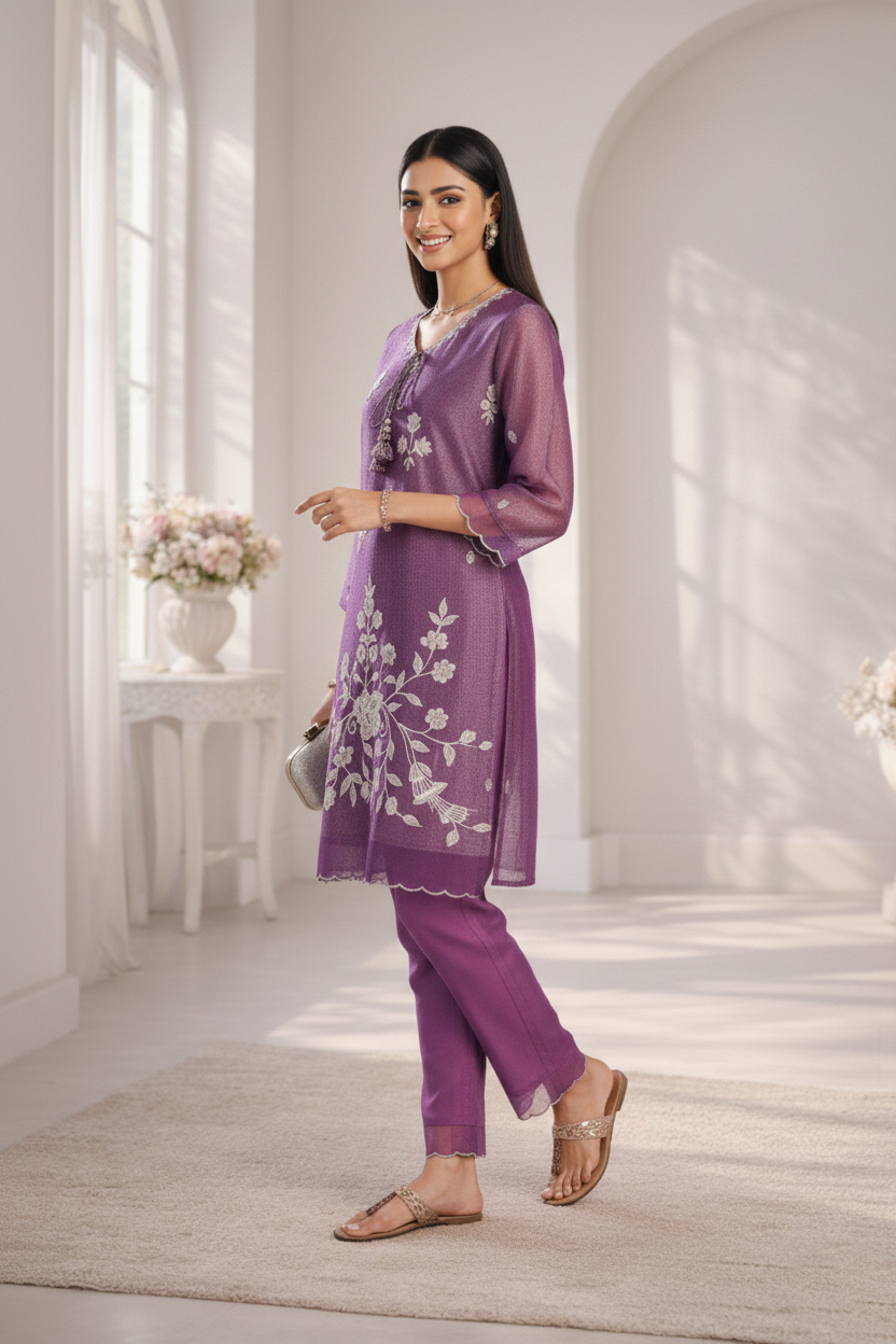 Anumeha Plum Full Work co-ord set