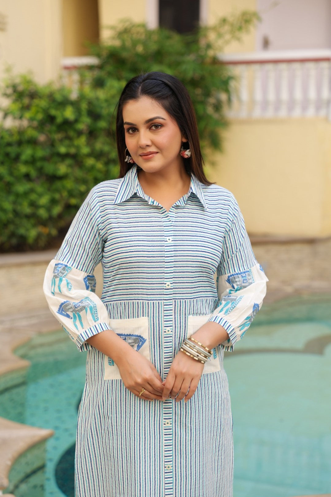 Dyna Azure Printed Stripe Kurta Pant Set