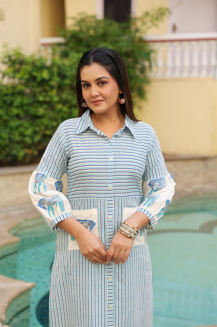 Dyna Azure Printed Stripe Kurta Pant Set