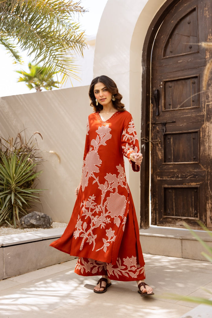 Karen Terracotta printed kurta pant set