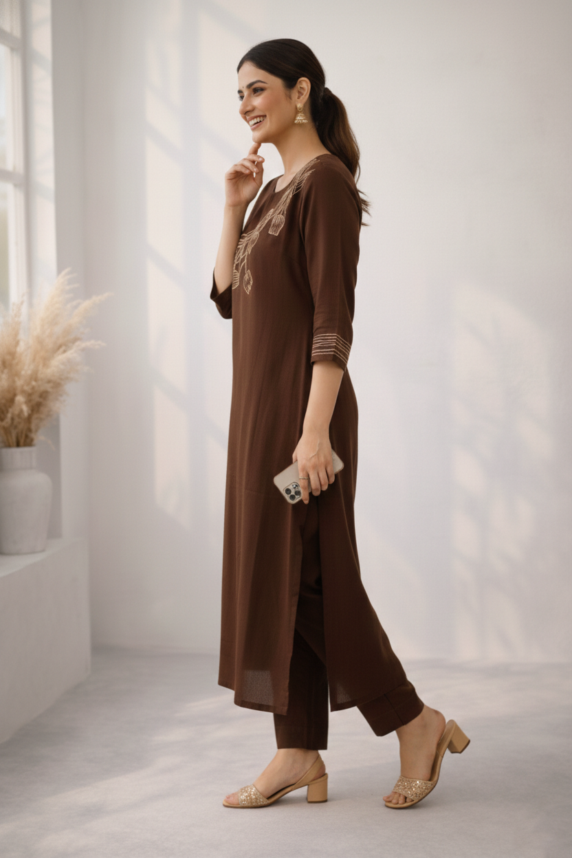 Mishka Coffee Embroidered Kurta Pant Set