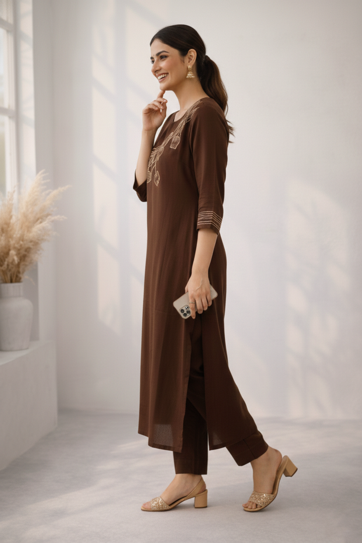 Mishka Coffee Embroidered Kurta Pant Set