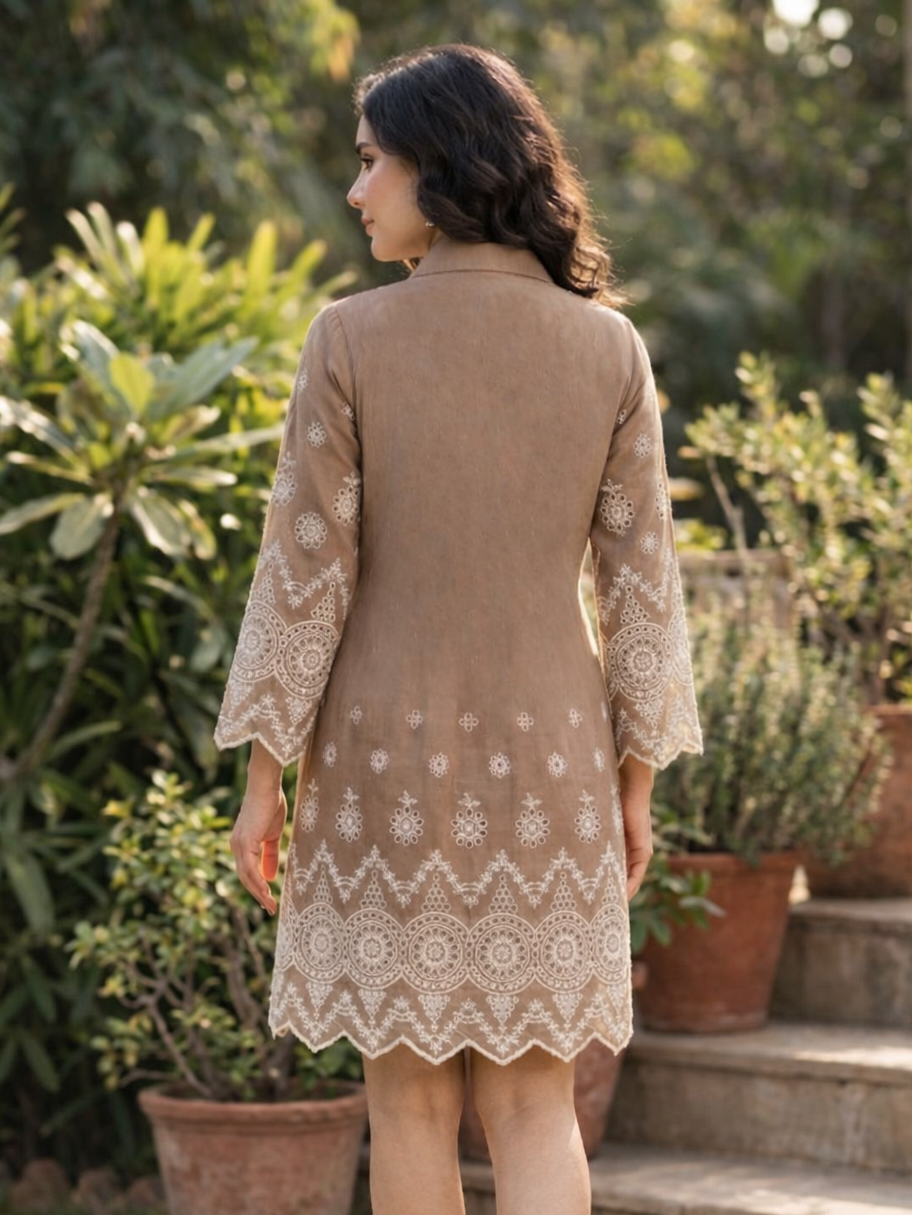 Perka Caramel schiffli cotton dress