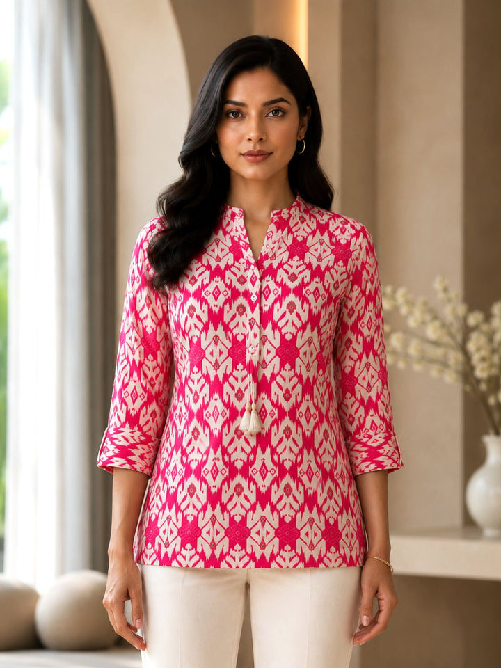 UMA SALMON PRINTED COTTON SHORT TOP