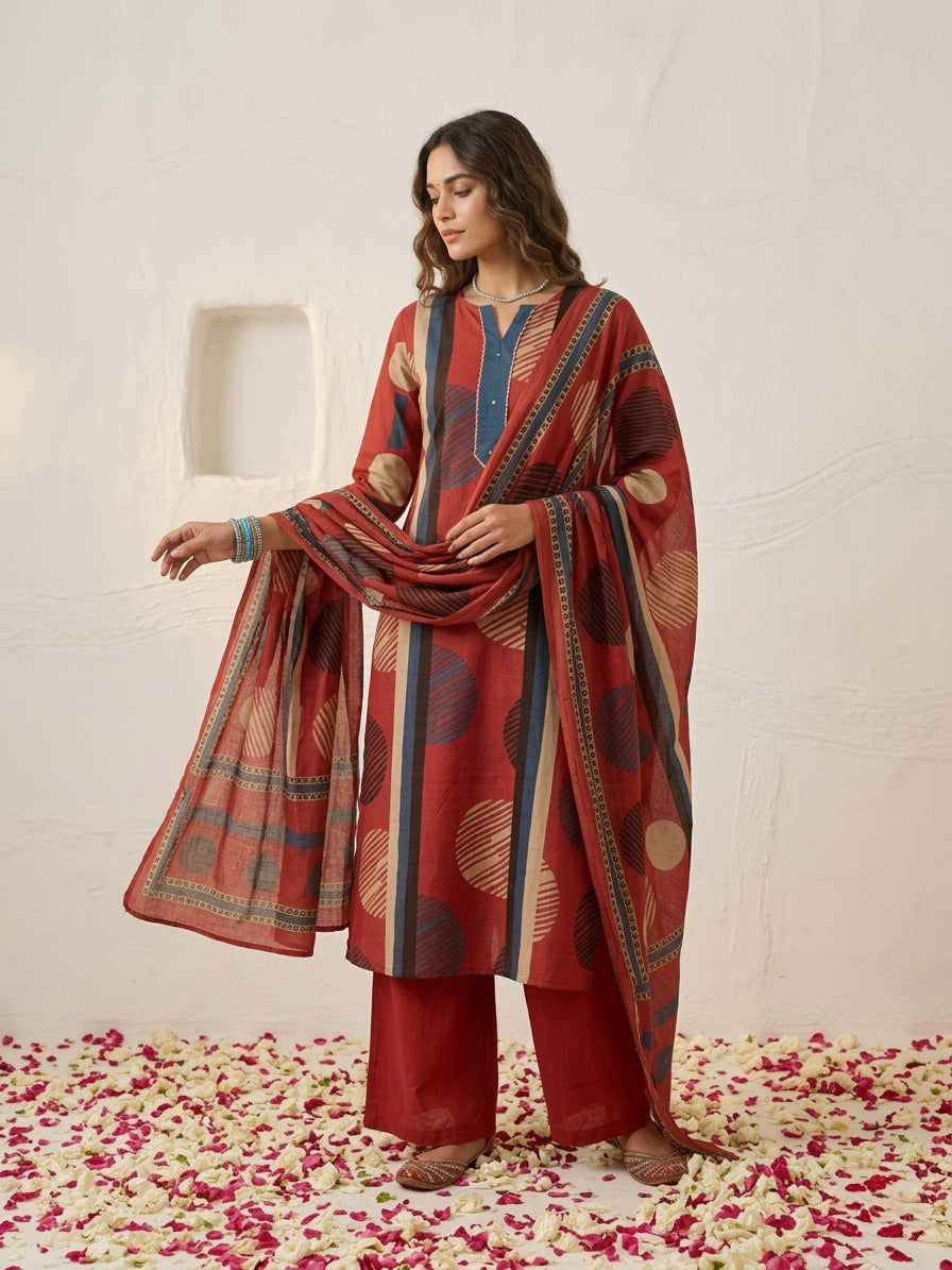 Swades crimson printed cotton suit set
