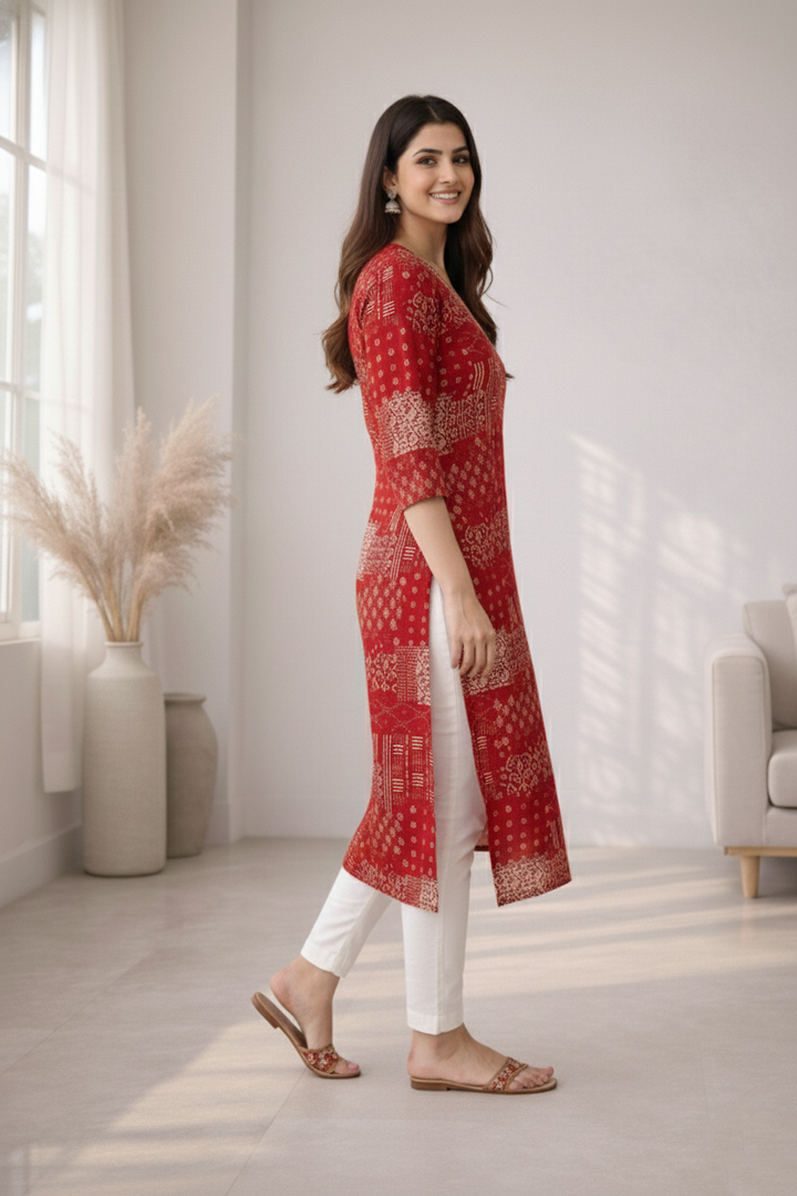 Barnali Carmine Printed Work Kurti