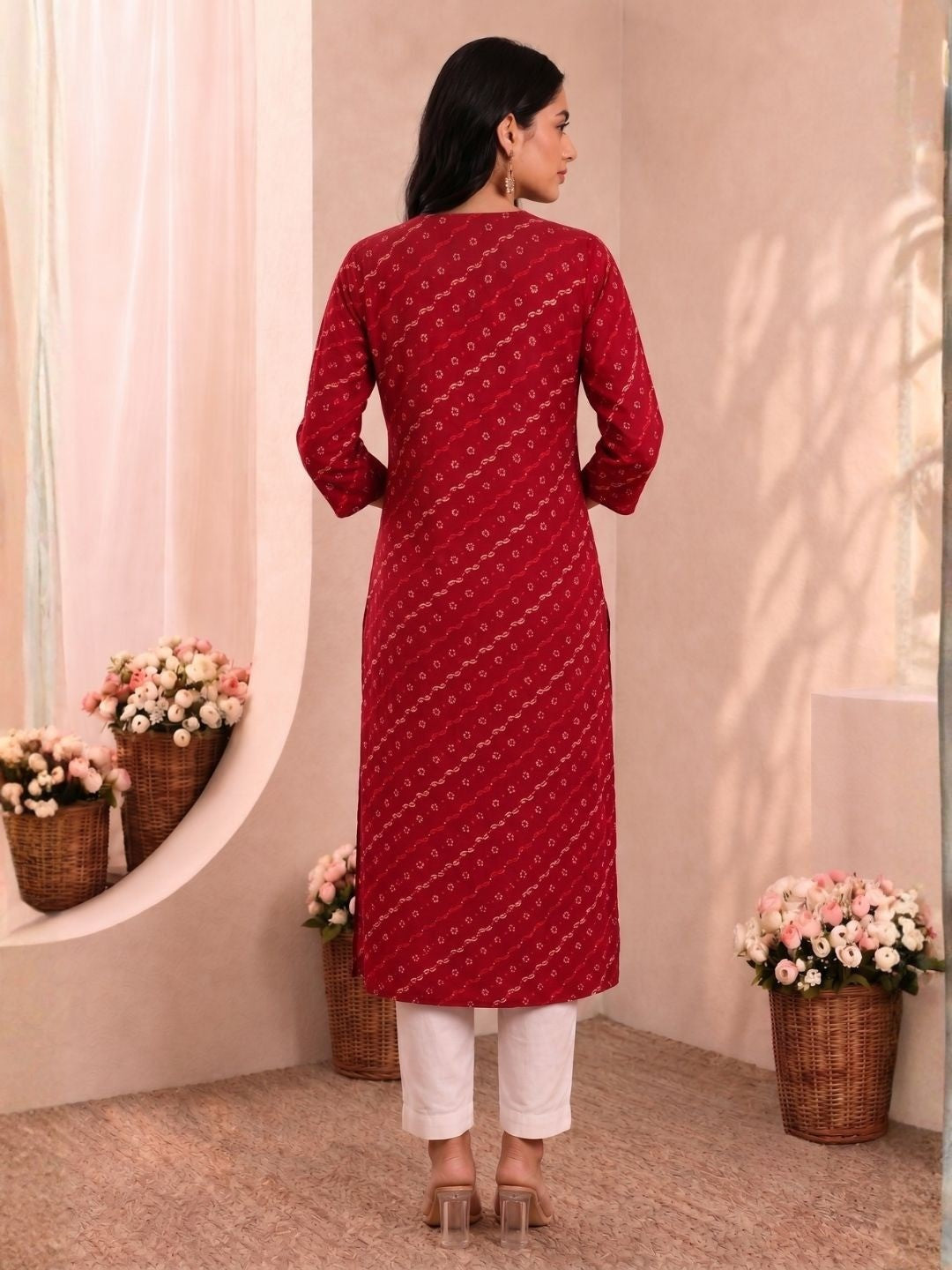 Medha Carmine Printed Work Kurti