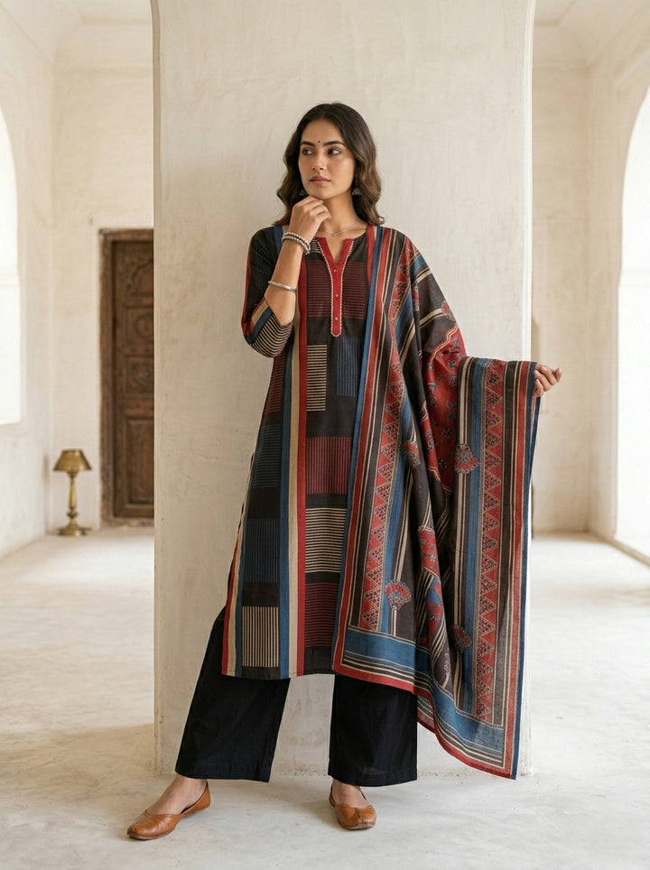 Swades ebony cotton printed suit set