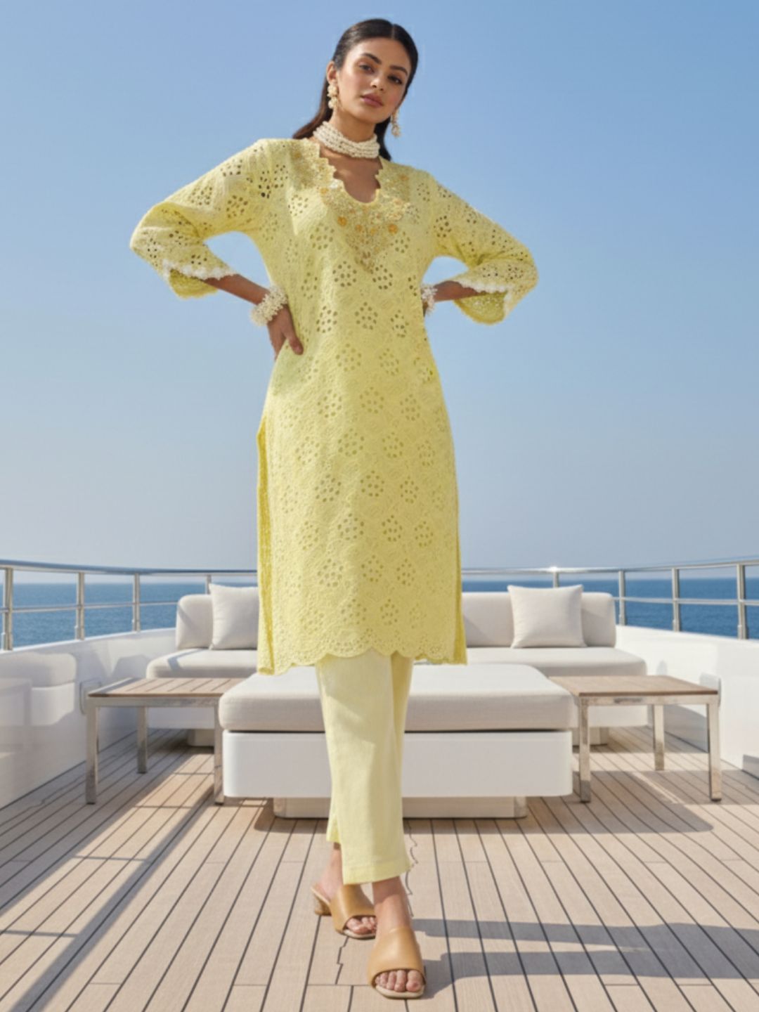 Anumeha Lime schiffli cotton co-ord set