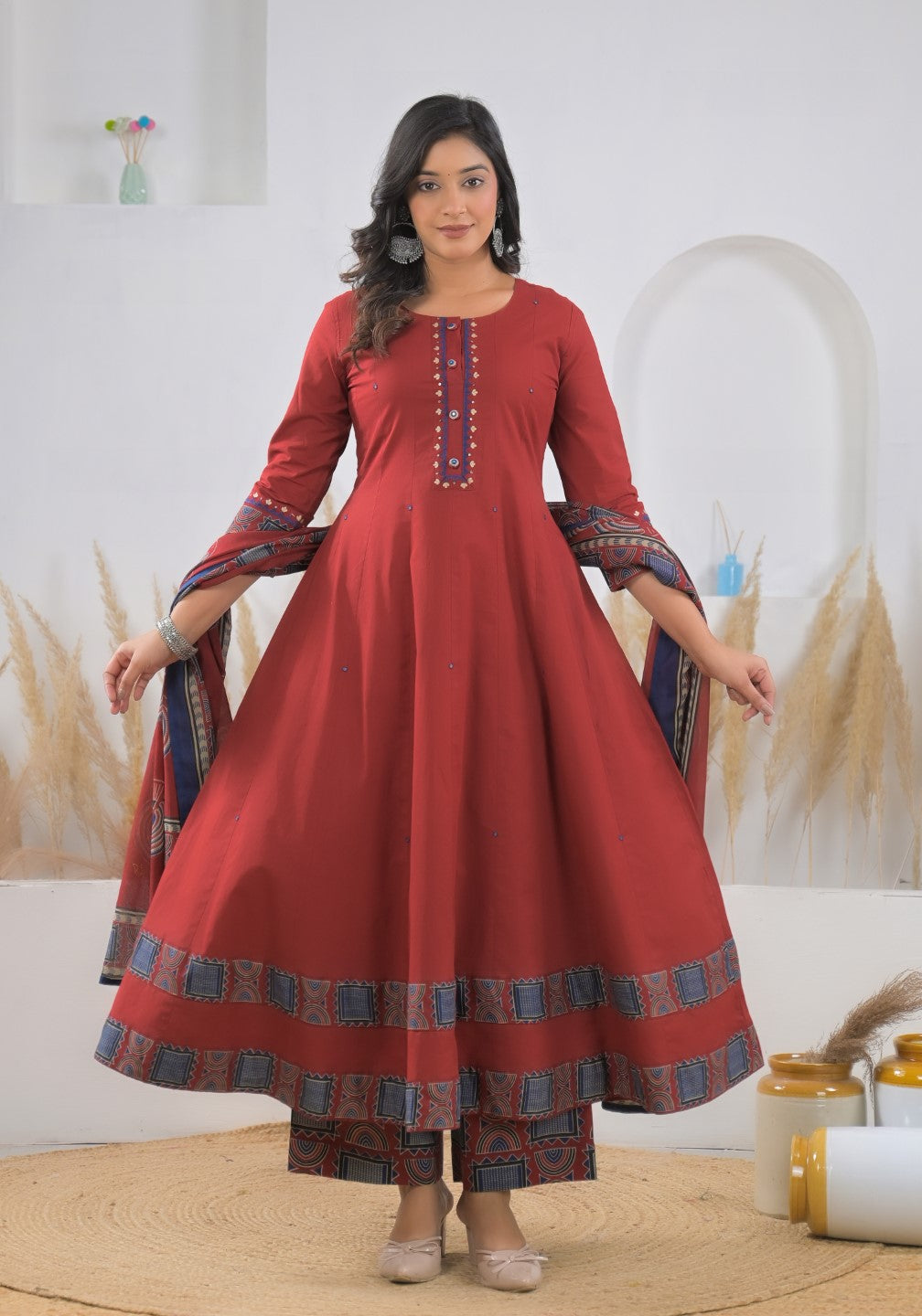 Ridhika Carmine cotton anarkali suit set