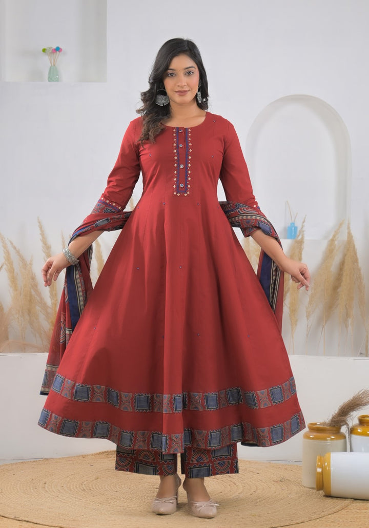 Ridhika Carmine cotton anarkali suit set
